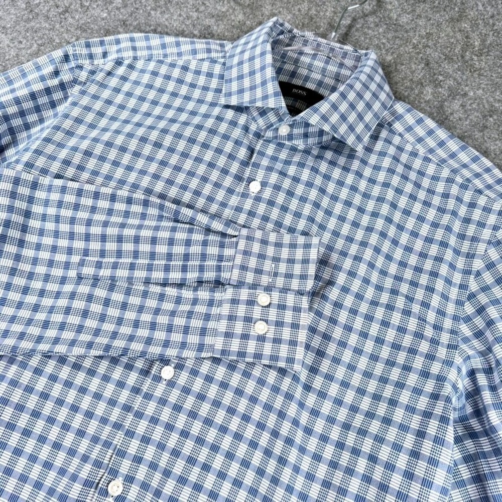 Hugo Boss Sharp Fit Mens 16.5 34 35 Shirt Blue White Plaid Long Sleeve Dress L